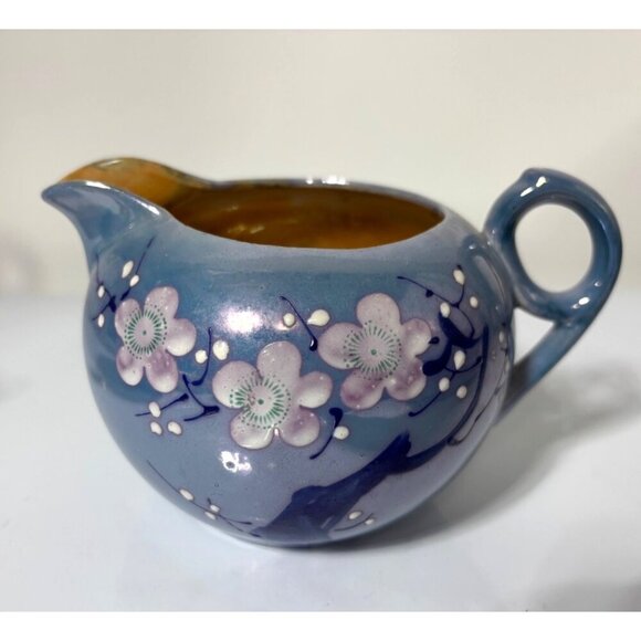 Vtg 30s Blue Ceramic Creamer Sugar Bowl Set Cherry Blossom Lusterware Japan‎ - Picture 5 of 11